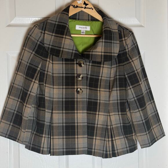 Womens Isaac Mizrahi Brown Plaid Peter Pan Collar Cropped Blazer Jacket Size 12 - Picture 11 of 11